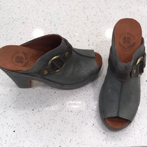 Gray-blue Lucky Brand peep toe wedges.